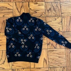 Ann Taylor medium black sweater with navy details and gold sparkly flowers